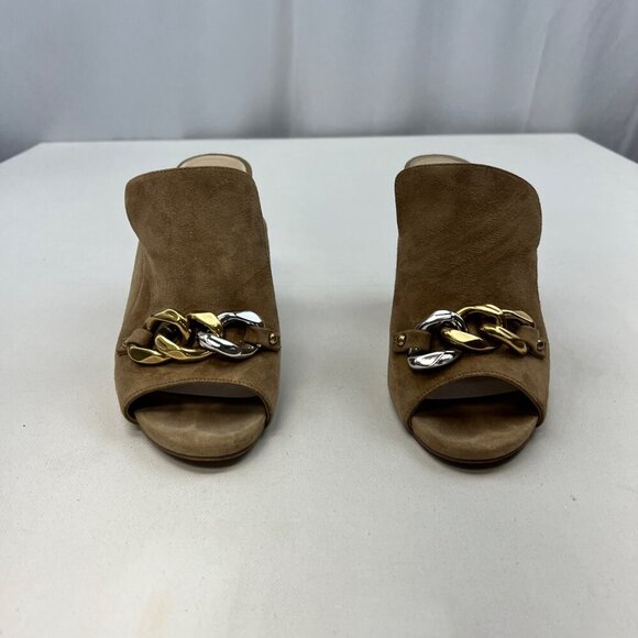 WHBM Suede Heeled Mule with Chain Open Toe Tan Size 9M - Picture 6 of 10